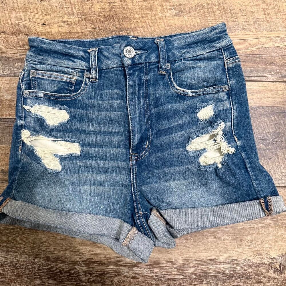 AMERICAN EAGLE Patched Hi Rise Stretch Rip Women's Denim Jean Blue Sz 6 Shorts
